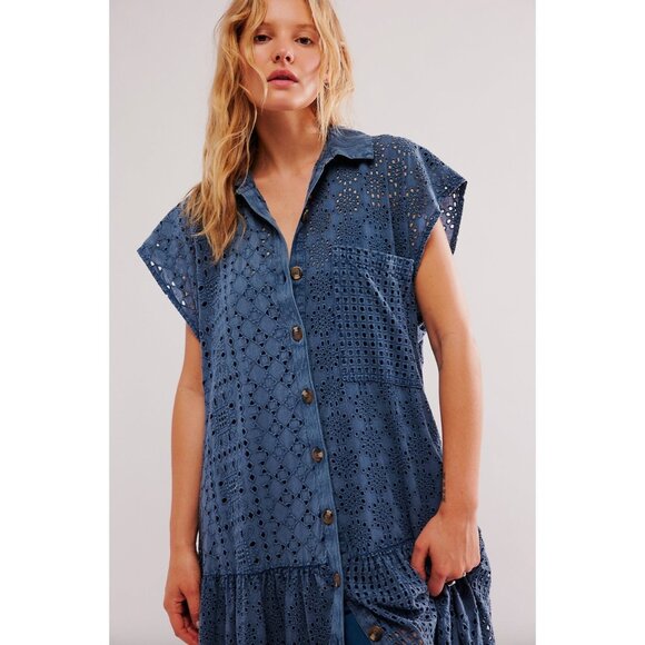 Free People Marieanne Eyelet Maxi Dress in Legion Blue Size Large - Picture 3 of 5